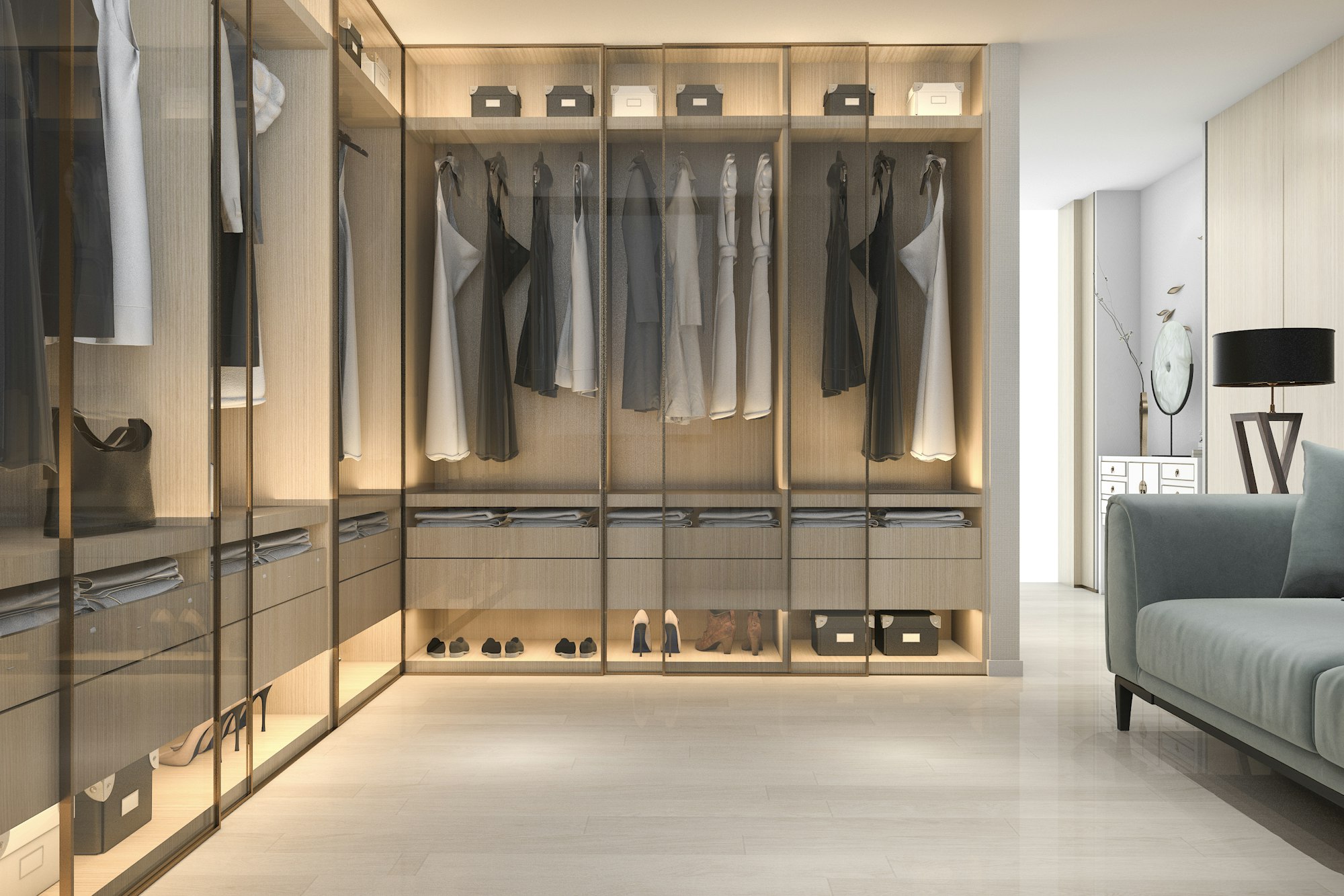 3d rendering minimal scandinavian wood walk in closet with wardrobe