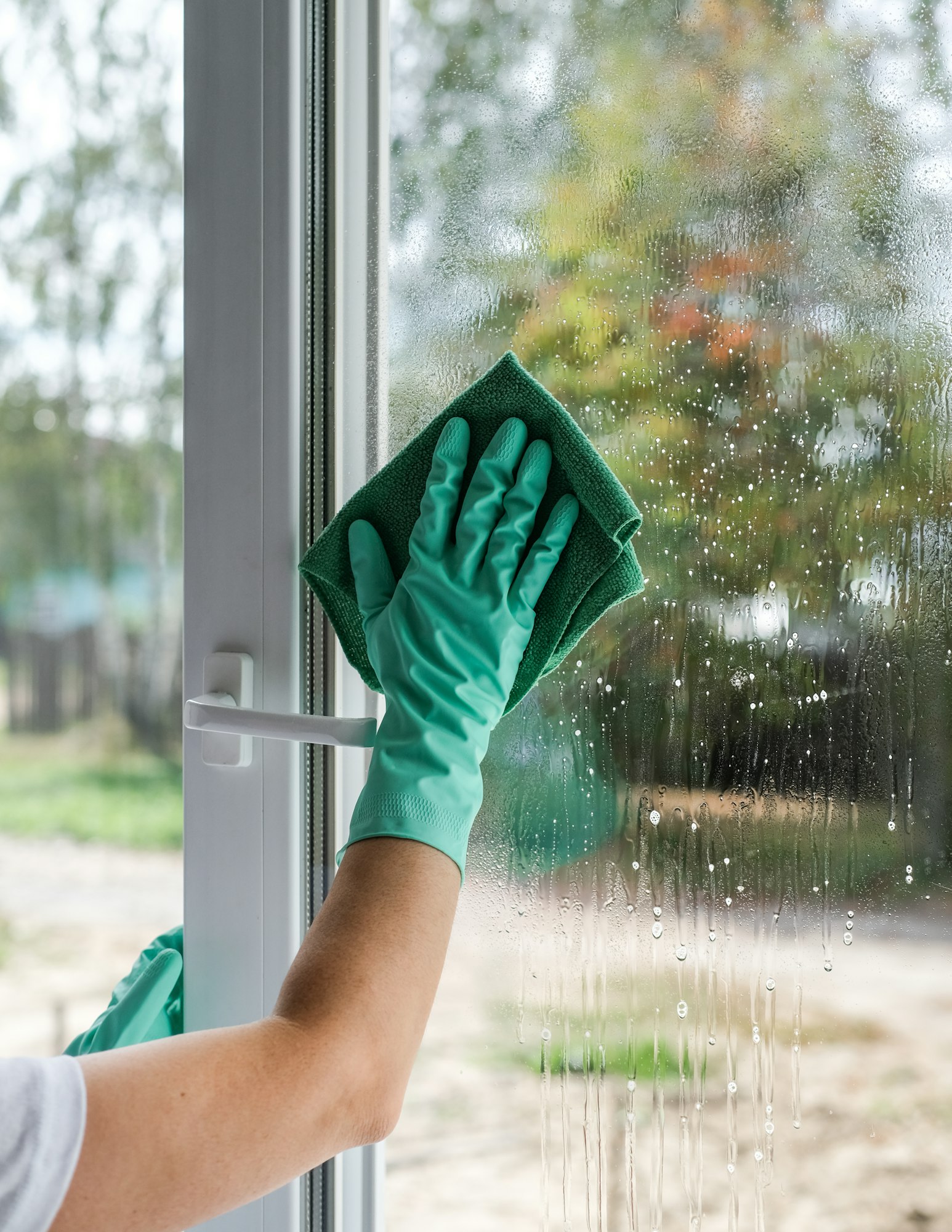 A young woman cleaning window at home. General cleaning concept